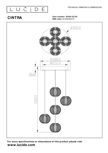 Lucide CINTRA - Pendelleuchten - Ø 32 cm - LED Dim. - 5x4,7W 2700K - Transparent - technisch